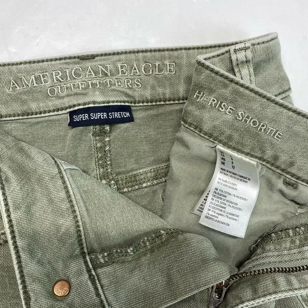 American Eagle Shorts Hi-Rise Shortie Sz 8 Super Super Stretch Green Denim Fray